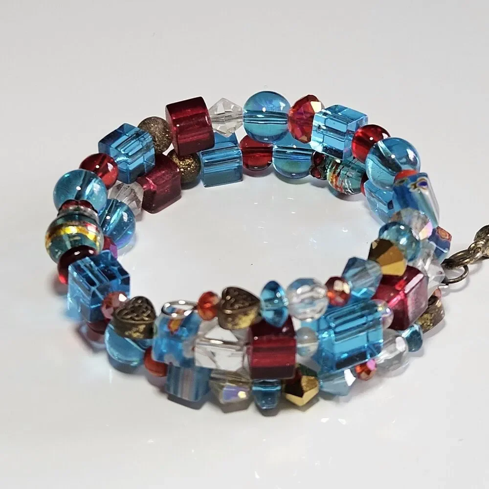 Blue Red Gold Tone Glass Beaded Wrap Bracelet